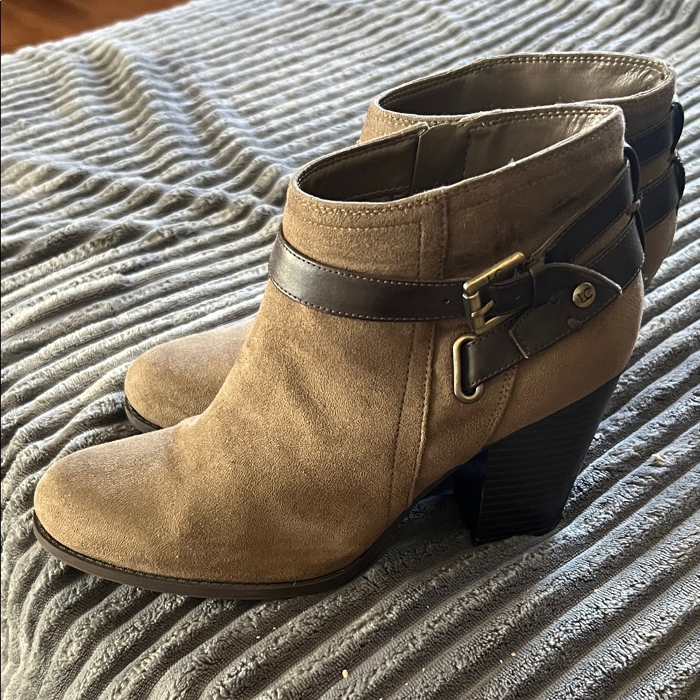 Liz Claiborne Tan Suede Ankle Boots with Dark Brown Strap